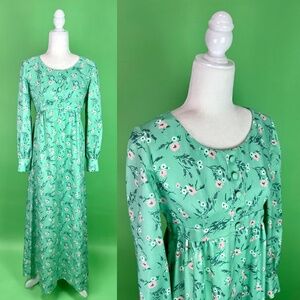 Vintage 70s Pastel Mint Green Pink Floral Empire Waist Maxi Dress - Size Small